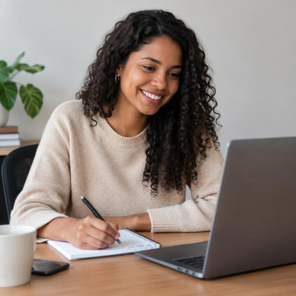 Woman having a video call while taking notes