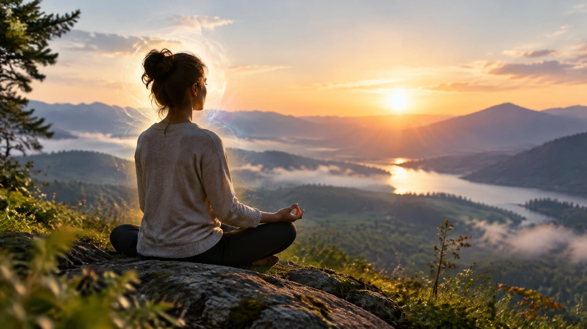person meditating in nature