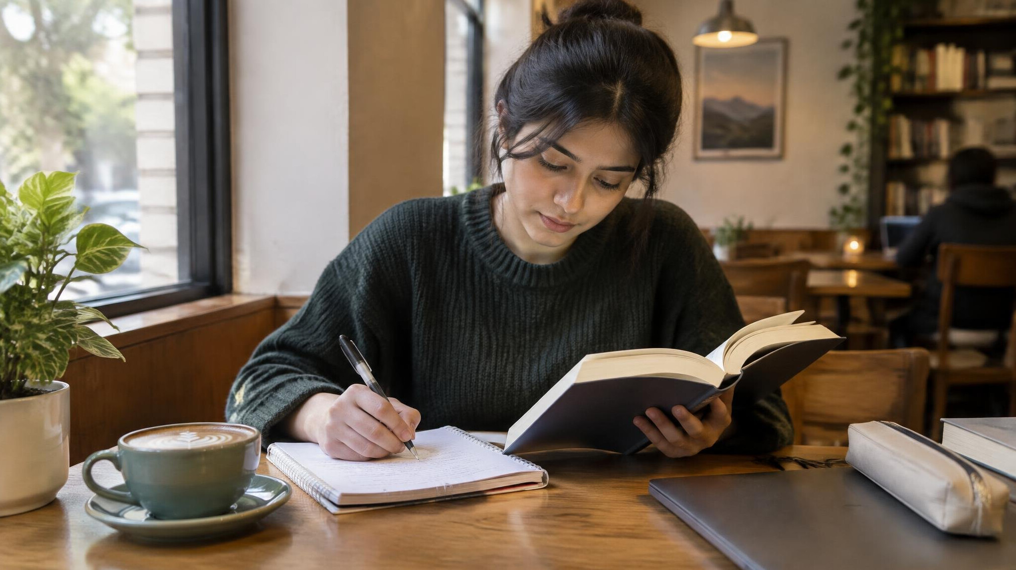 person reading book in cafe