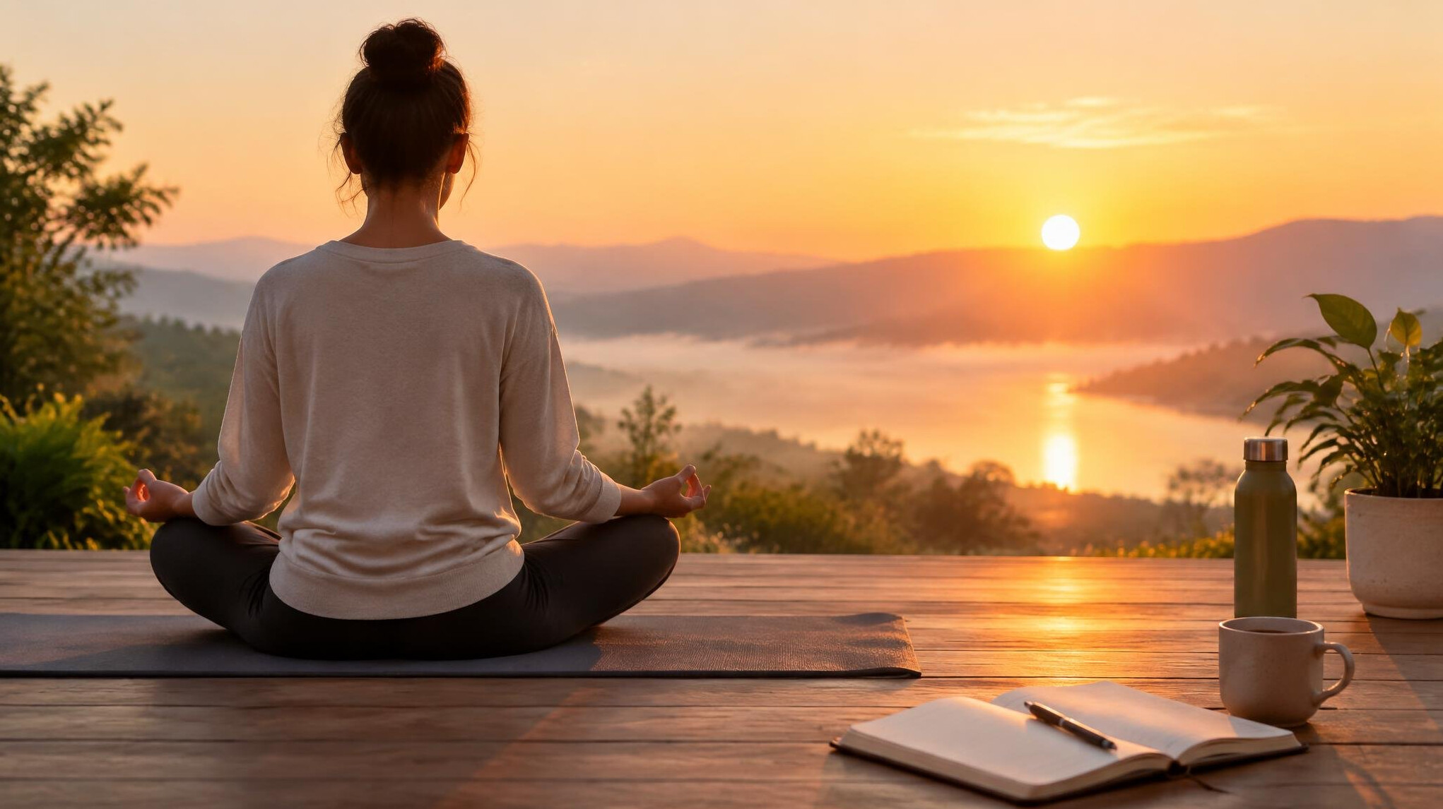 person meditating at sunrise