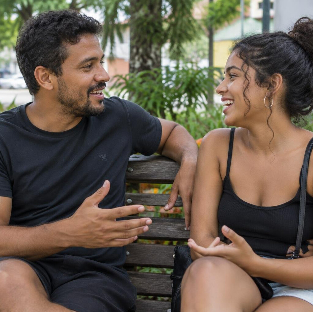 Two people having a friendly conversation outdoors