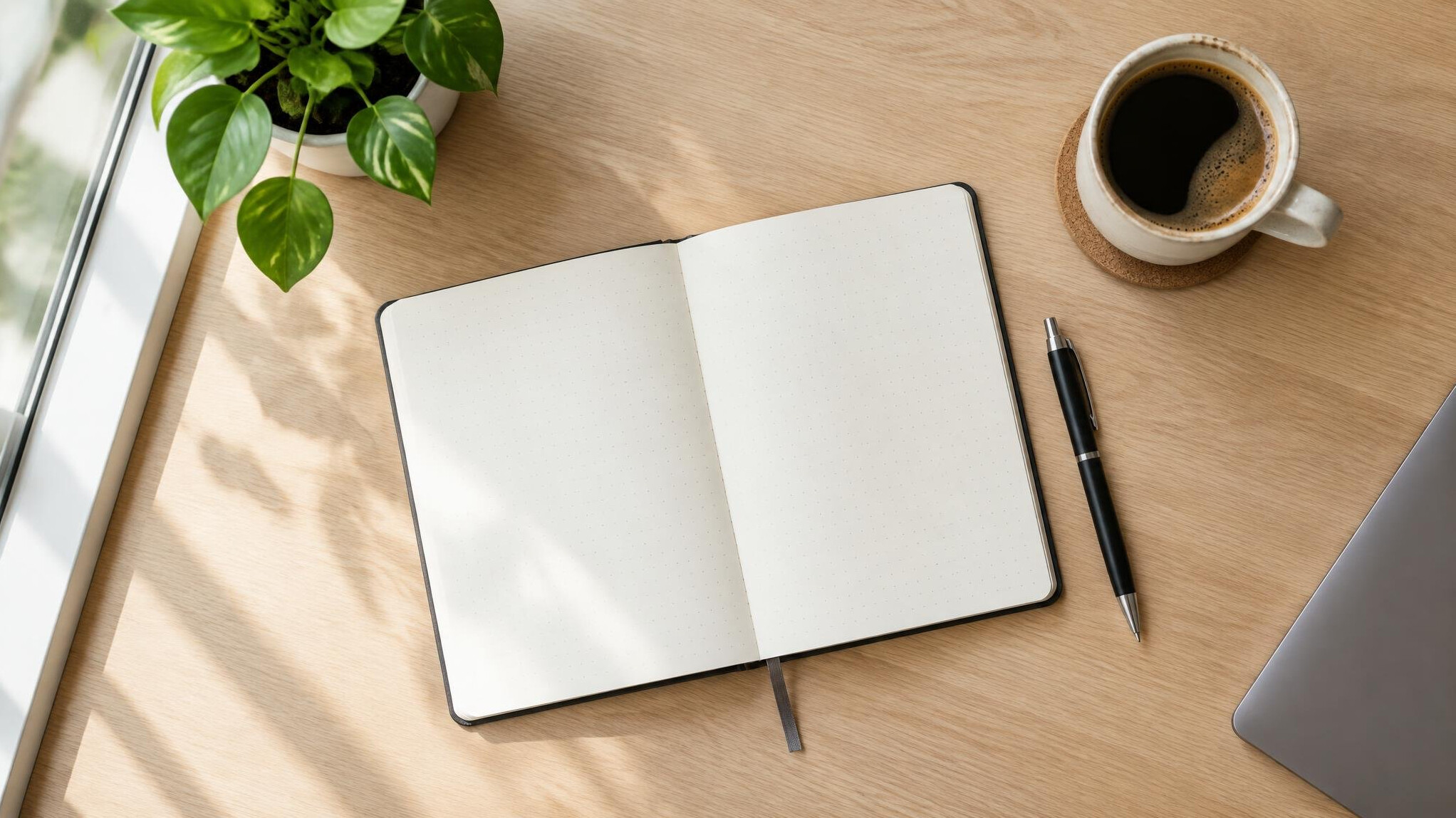 Modern minimal desk workspace with notebook and plant
