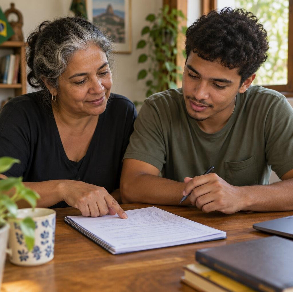 Two people reviewing notes together at a table