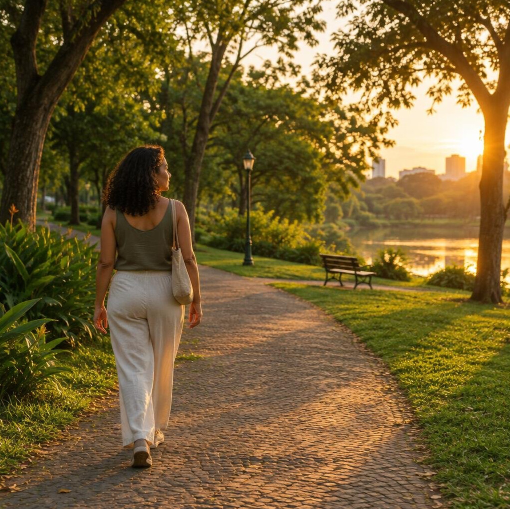 Woman walking calmly in a park during golden hour