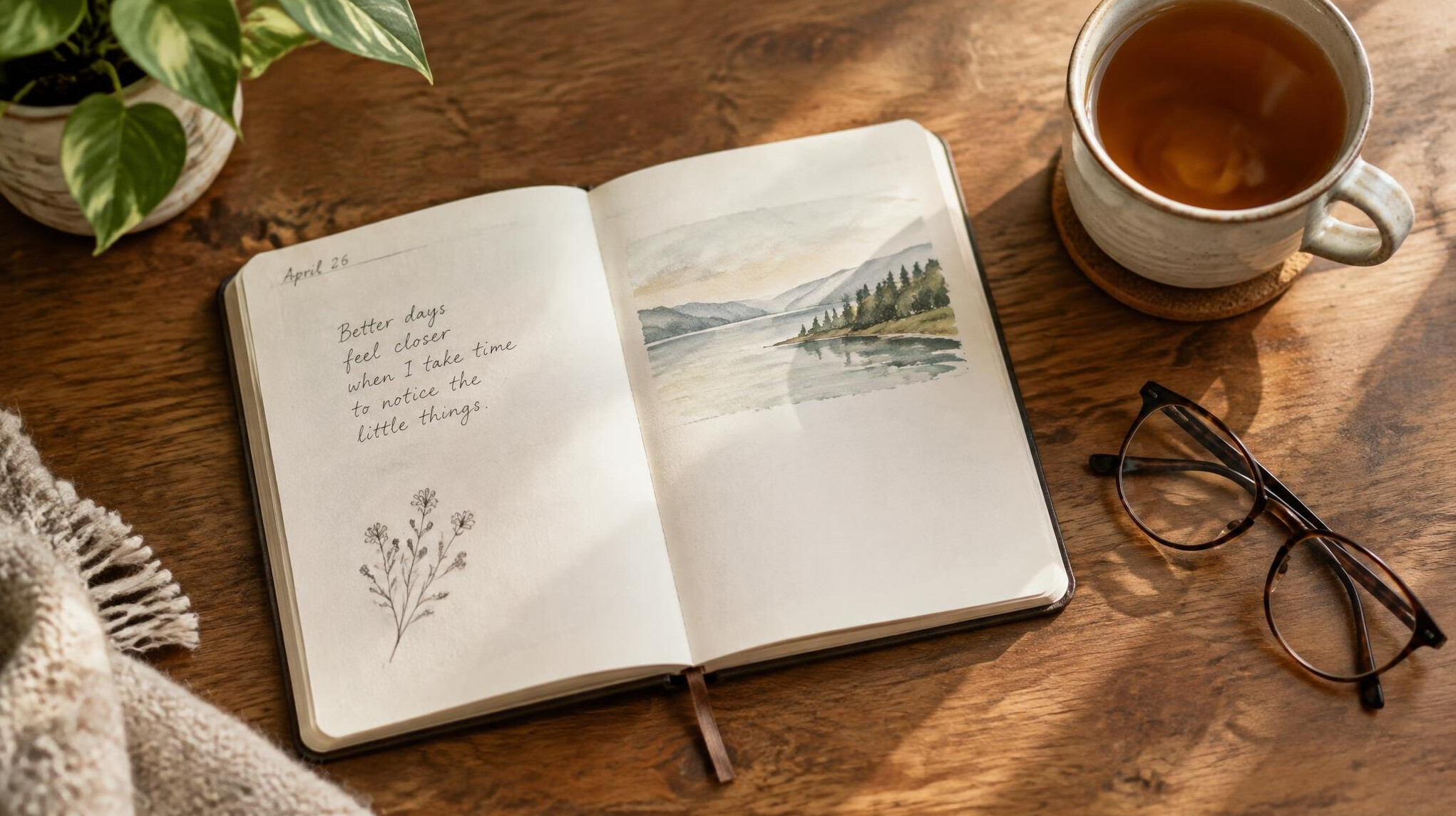 Open journal notebook with handwriting and a cup of tea