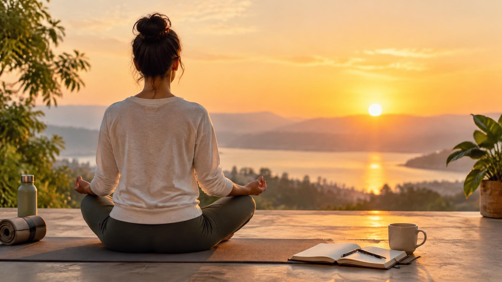 person meditating at sunrise