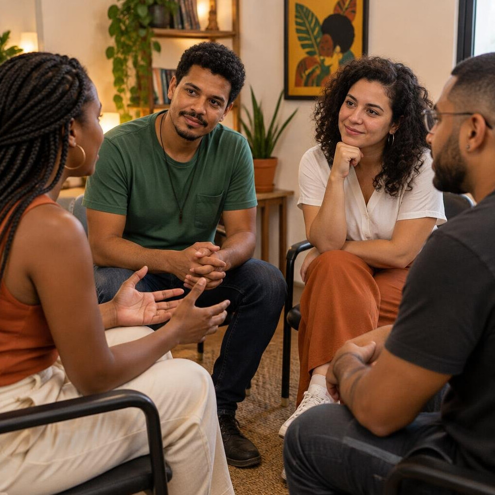 Small group of people discussing in a circle