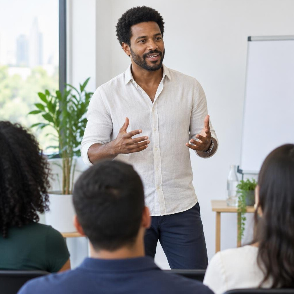 Person speaking confidently in front of a small audience